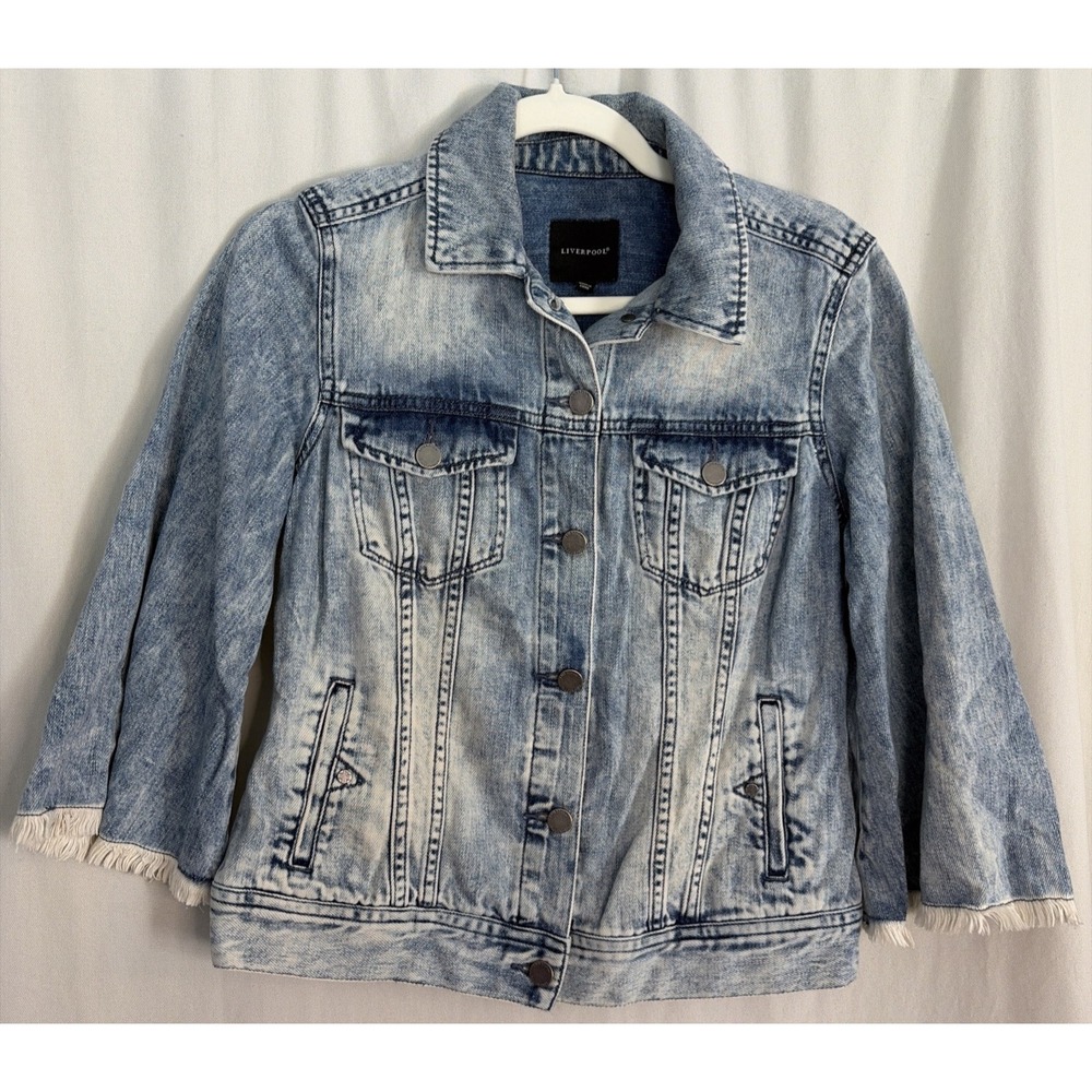 Liverpool XS Womens Denim Jacket Acid Wash Trucker Button‎ Grunge Fringe  Y2K